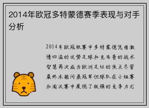 2014年欧冠多特蒙德赛季表现与对手分析